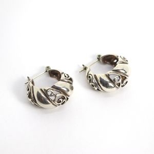 Vintage Sterling Silver Hoop Earrings with Balinese-Inspired Scrollwork